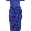 Navy Satin Ruched Bardot Midi Dress