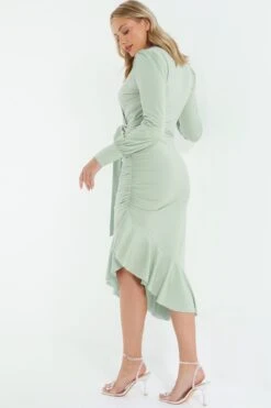Sage Long Sleeve Frill Midi Dress -Dazzle Dresses 00100038498 XB