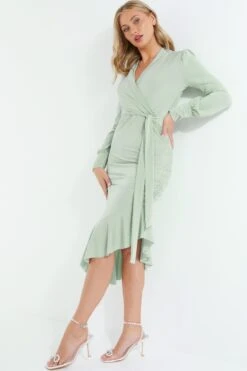Sage Long Sleeve Frill Midi Dress -Dazzle Dresses 00100038498 XS