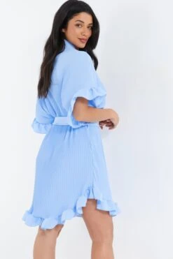 Blue Oversized Pleated Shirt Dress -Dazzle Dresses 00100038566 XB