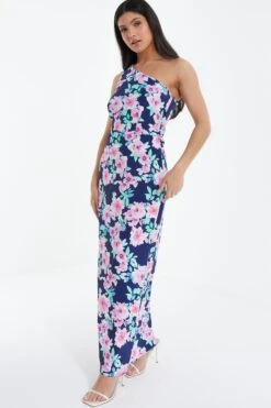 Navy Floral One Shoulder Maxi Dress -Dazzle Dresses 00100038594 XS