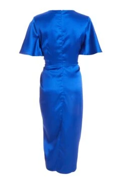 Royal Blue Satin Wrap Ruched Midi Dress -Dazzle Dresses 00100038638 ZB
