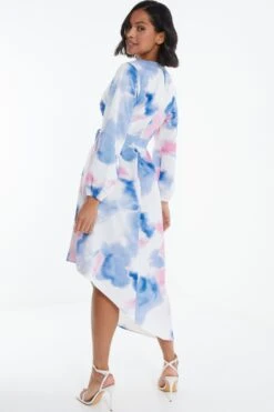 Blue Satin Asymmetric Hem Midi Dress -Dazzle Dresses 00100038640 XB