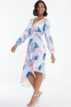 Blue Satin Asymmetric Hem Midi Dress -Dazzle Dresses 00100038640 XS