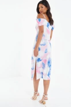 Blue Satin Marble Print Midi Dress -Dazzle Dresses 00100038641 XB