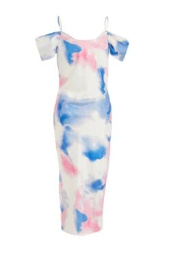 Blue Satin Marble Print Midi Dress -Dazzle Dresses 00100038641 ZB