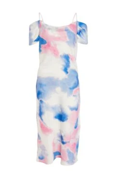 Blue Satin Marble Print Midi Dress