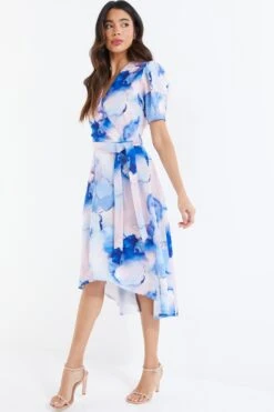 Blue Marble Print Dip Hem Dress -Dazzle Dresses 00100038684 XS