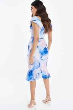 Blue Marble Print Bardot Midi Dress -Dazzle Dresses 00100038685 XB