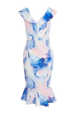 Blue Marble Print Bardot Midi Dress -Dazzle Dresses 00100038685 ZB