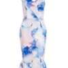 Blue Marble Print Bardot Midi Dress