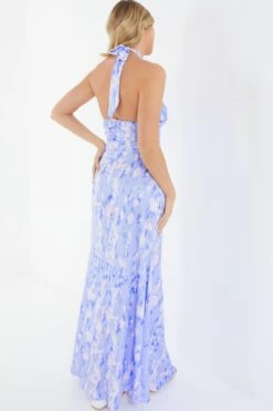 Blue Marble Print Halter Neck Maxi Dress -Dazzle Dresses 00100038774 XB