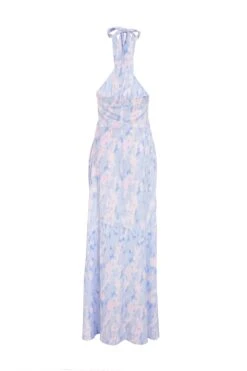 Blue Marble Print Halter Neck Maxi Dress -Dazzle Dresses 00100038774 ZB