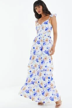 White Floral Tiered Maxi Dress -Dazzle Dresses 00100038783 XS