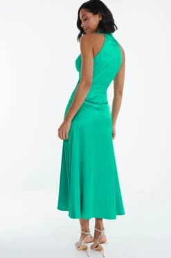 Jade Green Satin High Neck Midi Dress -Dazzle Dresses 00100038868 XB