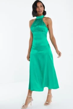 Jade Green Satin High Neck Midi Dress -Dazzle Dresses 00100038868 XS