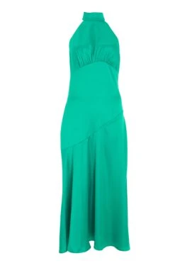 Jade Green Satin High Neck Midi Dress