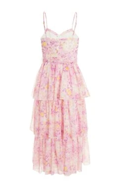 Pink Floral Tiered Midi Dress -Dazzle Dresses 00100038871 ZB