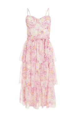 Pink Floral Tiered Midi Dress
