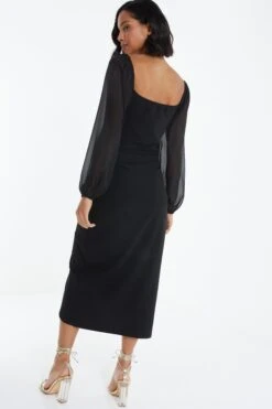 Black Ruched Mesh Midi Dress -Dazzle Dresses 00100038877 XB