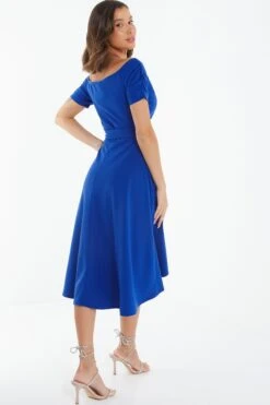 Royal Blue Bardot Dip Hem Midi Dress -Dazzle Dresses 00100038995 XB