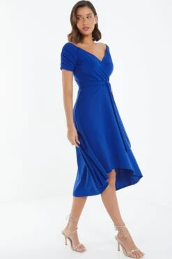 Royal Blue Bardot Dip Hem Midi Dress -Dazzle Dresses 00100038995 XS