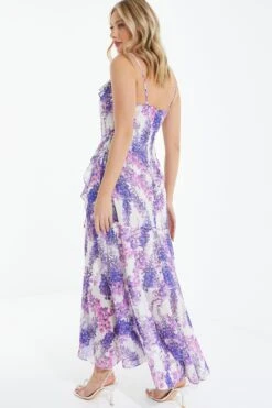 Purple Floral Print Frill Maxi Dress -Dazzle Dresses 00100039043 XB