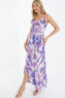 Purple Floral Print Frill Maxi Dress -Dazzle Dresses 00100039043 XS