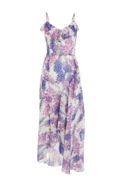 Purple Floral Print Frill Maxi Dress