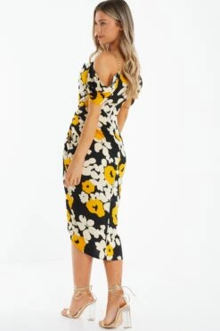 Black Floral Cold Shoulder Midi Dress -Dazzle Dresses 00100039068 XB