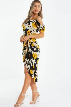 Black Floral Cold Shoulder Midi Dress -Dazzle Dresses 00100039068 XS