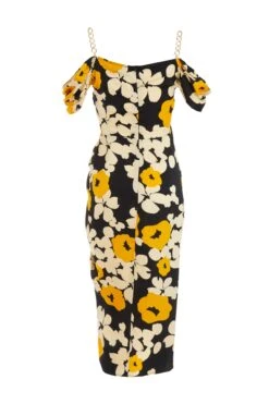 Black Floral Cold Shoulder Midi Dress -Dazzle Dresses 00100039068 ZB