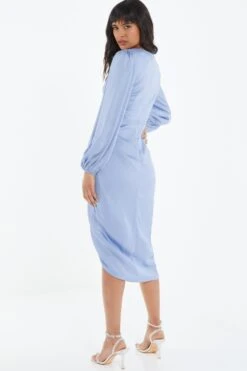 Blue Satin Ruched Midi Dress -Dazzle Dresses 00100039119 XB