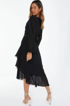 Black Long Sleeve Tiered Midi Dress 8 Black Long Sleeve Tiered Midi Dress -Dazzle Dresses 00100039359 XB