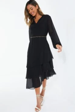 Black Long Sleeve Tiered Midi Dress 9 Black Long Sleeve Tiered Midi Dress -Dazzle Dresses 00100039359 XS