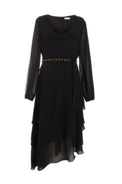 Black Long Sleeve Tiered Midi Dress
