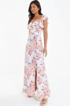 Pink Floral Frill Sleeve Maxi Dress -Dazzle Dresses 00100039502 XS